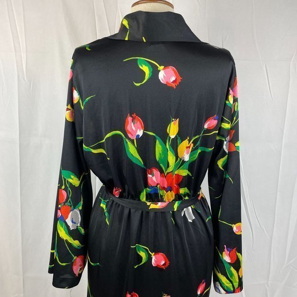 Vintage 60s 70s Komar Black Tulip‎ Floral Print Satin Polyester Robe Large - Picture 7 of 9